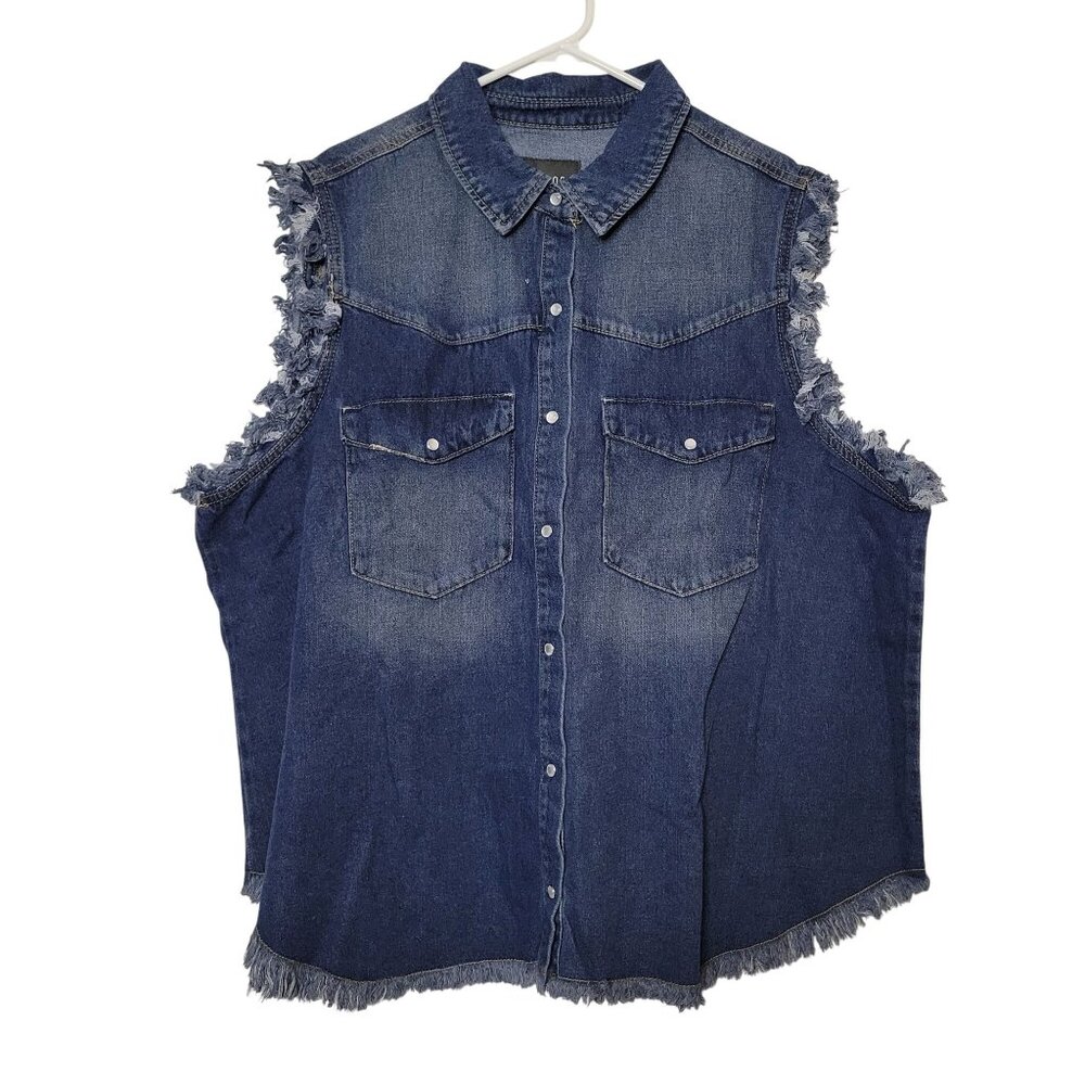 Alivia Ford Womens Distressed Denim Sleeveless Button-Up Shirt Size 3X With Fray